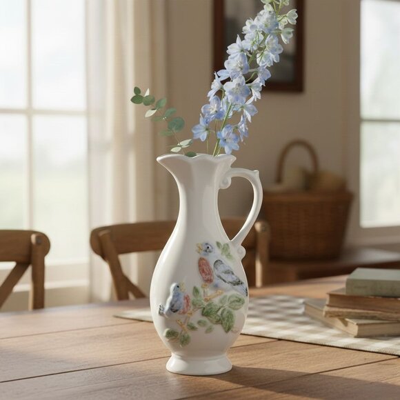 Vintage Ceramic Pitcher With Hand-Painted Birds & Floral Design By Kathy 1988 - Picture 2 of 7